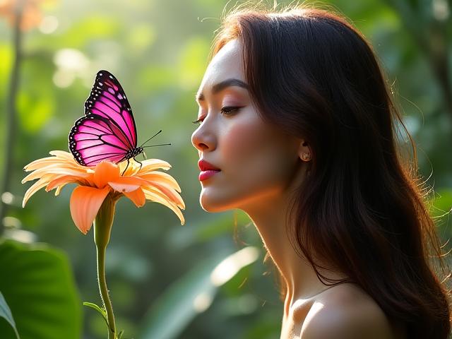 Fundadora de Zenzuna Blooms en un jardín exuberante, observando una mariposa en una flor.